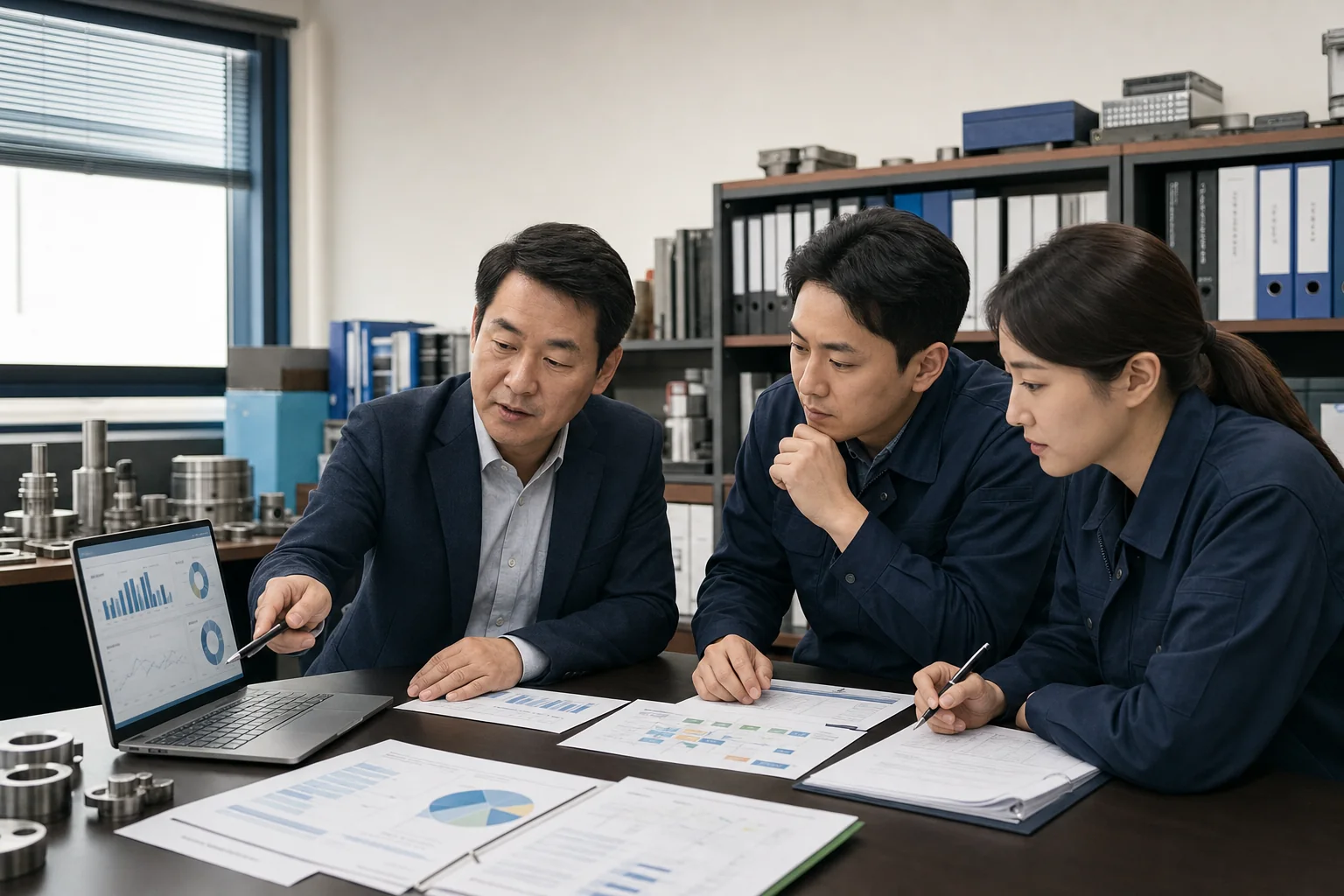 중소기업 경영진과 실무진이 운영성과와 경영혁신 자료를 함께 검토하는 모습